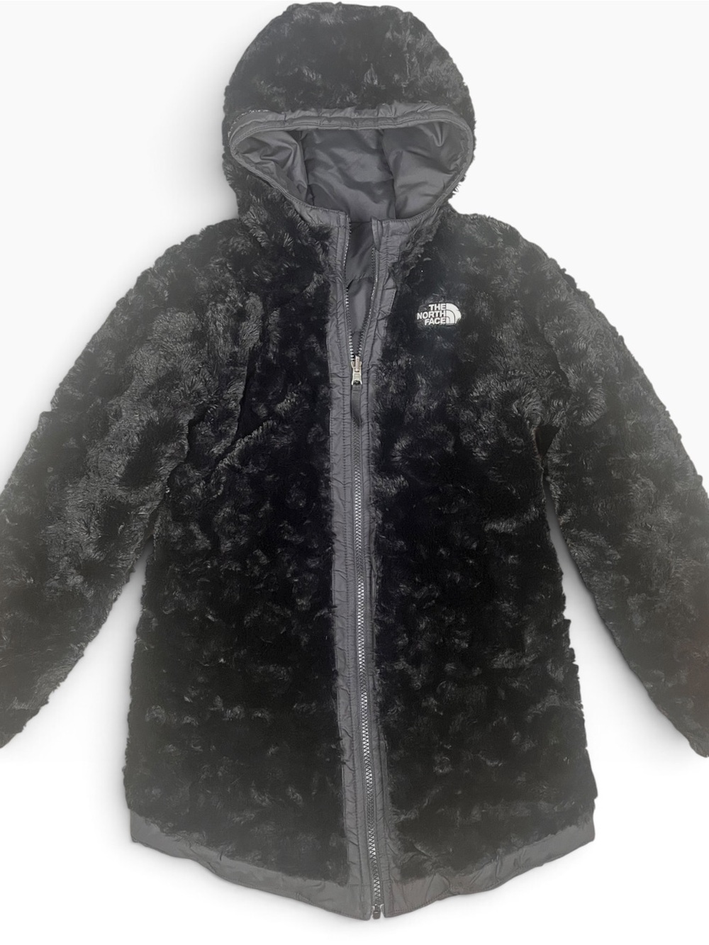 North Face Girls Reversible Mossbud Swirl Parka Jacket Size Medium Black Hooded - Picture 2 of 11
